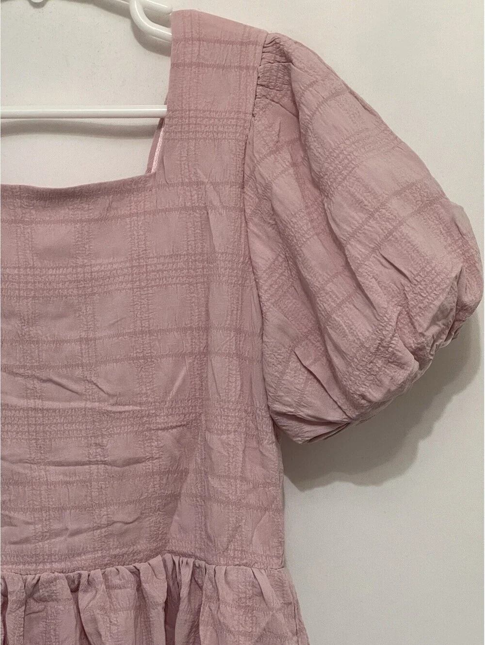 New Arshiner Girls Size 8 Pink Puff Sleeve Dress Smocked Back Plaid Ruffle